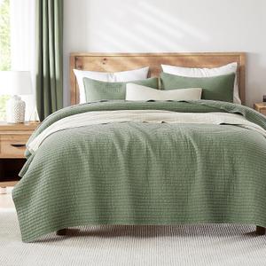WDCOZY Sage Green Oversized King Size Quilt Set, Muslin Cotton Shell Down-Alt Poly Filling, California Cal King Shabby Chic Rustic Farmhouse Country Bedspread, Textured Gauze Coverlet, 2 Shams