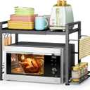 DOLALIKE Microwave Oven Rack, Expandable Microwave Stand Countertop Kitchen Utensils Tableware Storage, Carbon Steel Over Microwave Shelf Countertop with 6 Hooks (2 Tier-With Spice Rack)