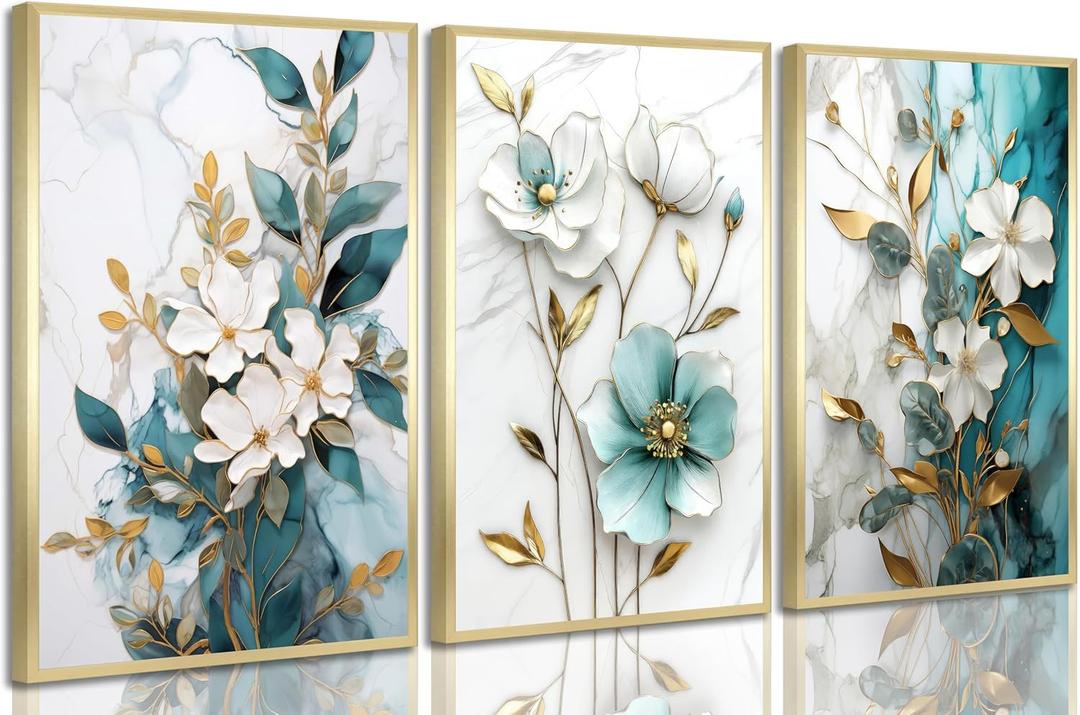 3Pcs White Gold Flower Canvas Wall Art Modern Luxury Blue White Gold Abstract Marble Floral Botanical Painting Picture Wall Decor Poster Print Artwork for Living Room Bedroom Home Decoration Unframed (24L" x 16W")