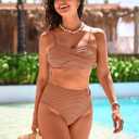 Pink Queen High Waisted Bikini Sets for Women Twist Front Bandeau Top Metal Ring Swimsuits Bathing Suit (L)