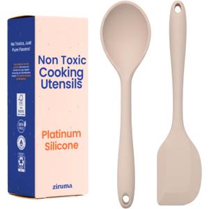 Non-Toxic Platinum Silicone Kitchen Utensil Set of 2  Non-Scratch Cooking Spoon & Spatula, 100% Plastic Free, Stainless Steel Core, Heat Resistant 500F, Beige