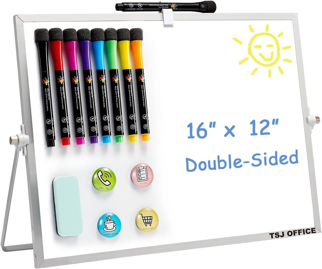 TSJ OFFICE Dry Erase White-Board - 12 X 16 Inches Portable Small Magnetic White Board with Hooks for Wall, Mini Desktop Whiteboard 360 Degrees Revolving Double Sided Stand for Office, Home, School (Silver)