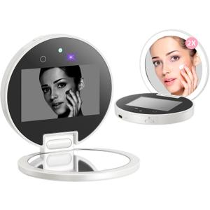 Compact Smart UV Camera UV Mirror for Sunscreen Test, 3 Inch Travel Makeup Mirror with lights and magnification ,Rechargeable Handheld Double-Sided Pocket Mirror for Skin Protection (Solid White)