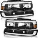 WEELMOTO Headlights Assembly for 99-02 Chevy Silverado 1500 2500; for 01-02 Silverado 1500HD 2500HD 3500HD; for 00-06 Tahoe Suburban 1500 2500; with Daytime Bar Tube+Parking Turn Signal Light (Clear Lens I Amber Reflector | Double LED Strips)