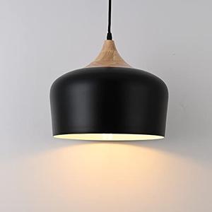 DOTCN 11.8 inch Black Industrial Pendant Light, Adjustable Wood Ceiling Hanging Lighting with Dome Metal Shade,Farmhouse Minimalist Lamp for Kitchen Island,Dining Room,Bar, Bedroom,Hallway