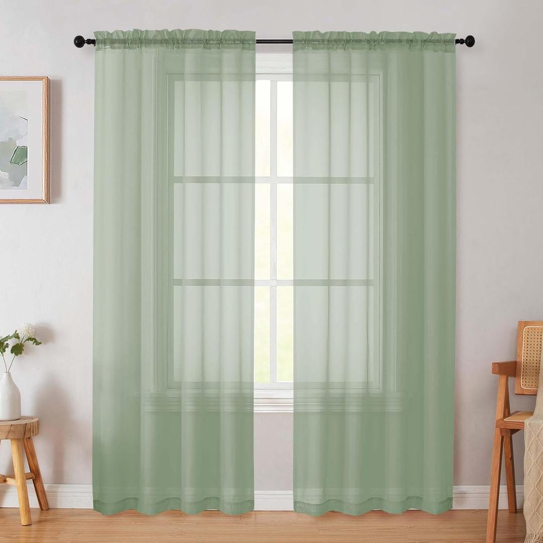 WelvetBLK Sage Green Sheer Curtain for Bedroom Living Room 78 Inches Long 2 Panels Set, Solid Soft Airy Light Filtering Sheer Window Curtains, Modern Rod Pocket Door Curtain, 42" Wx78 L Inches