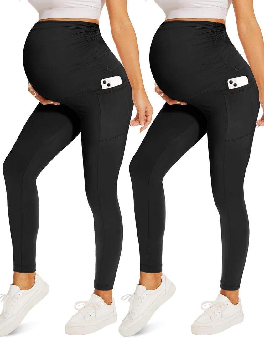 Fotociti 2/3/4 Pack Maternity Leggings With Pockets Over The Belly,Womens Pregnancy Workout Yoga Active Soft Tights Pants (Black)