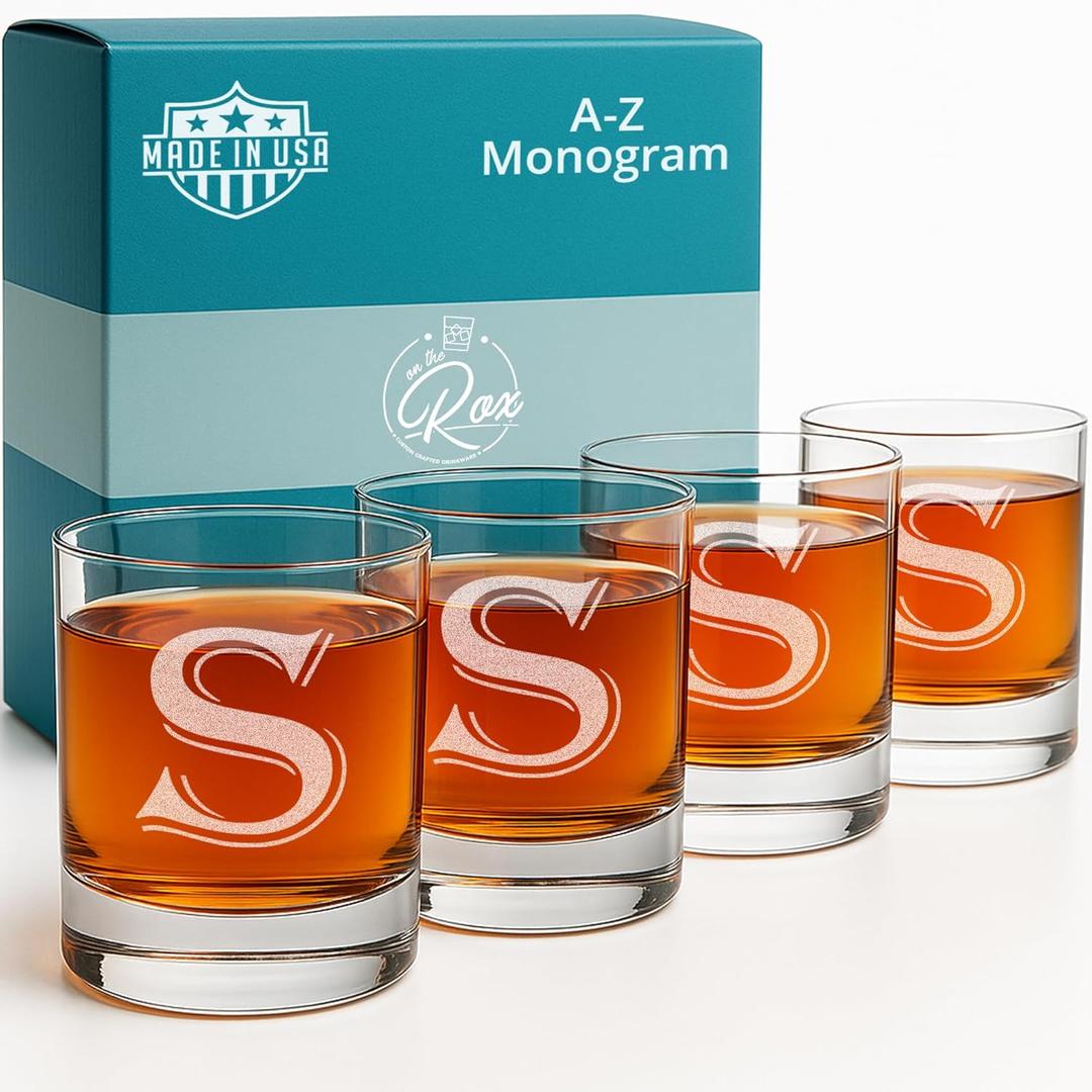 Monogrammed Gifts for Men - 4PC 11 Oz Custom Whiskey Glasses (S-Monogram) - Engraved Whiskey Glasses - Personalized Whiskey Glasses - Unique Bourbon Glasses - Personalized Glass Gifts for Dad
