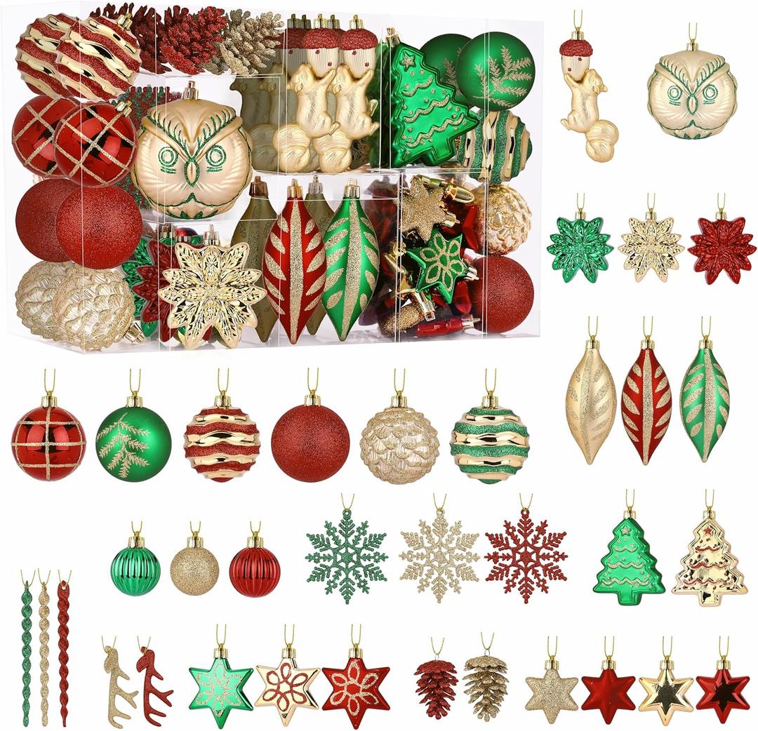 Alupssuc 96pcs Christmas Tree Ornaments Set, Plastic Shatterproof Hanging Baubles for Xmas Tree Decor, Holiday Balls Decorations with a Forest Theme and Animal Designs in Red Green & Gold