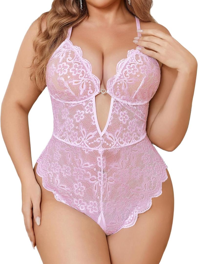 Avidlove Women Plus Size Lingerie Lace Teddy Deep V Lingerie Bodysuit One Piece Babydoll (X-Large, Pink)