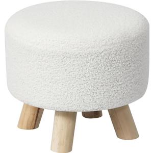 Asense Small Round Ottoman Foot Rest Stool Teddy Velvet Padded Seat Footstool Ottoman with Anti-Slip Wooden Legs (White,Teddy Velvet)
