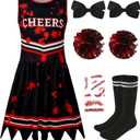 Cheerleader Dress Costume For Girl Full Set Dress Halloween Accessories (8-9T, Black Red 1)
