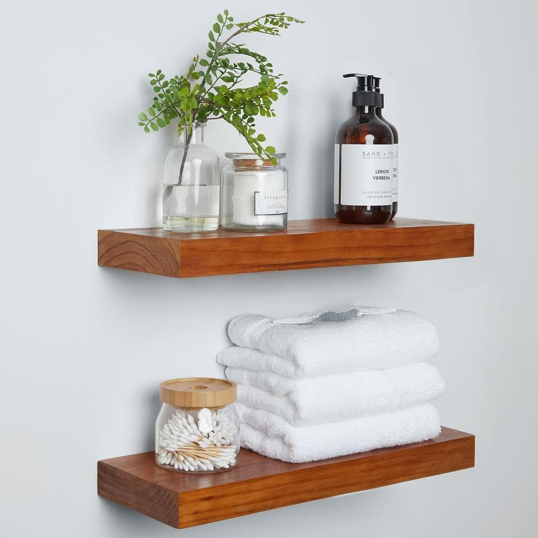 Homeforia Oak Floating Shelves for Wall, Premium Solid Wood Shelf, Oak Bathroom Shelves, Heavy Duty Bracket, 18 x 6.5 x 1.75 inch, Set of 2 (18 inch, Honey Oak)