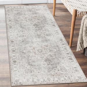 Machine Washable Area Rug Runner - Living Room Bedroom Bathroom Kitchen Entryway Office - Padded Low Pile Stain Resistant Premium - Boho Farmhouse Vintage - Joy - Beige Ivory 2'6" x 8'