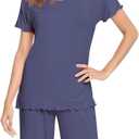 NACHILA Pajamas for Women-Viscose Made from Bamboo,Short Sleeve Sleepwear Cooling Pjs Top with Capri Pants Pajama Sets (Medium, A-blue Indigo)