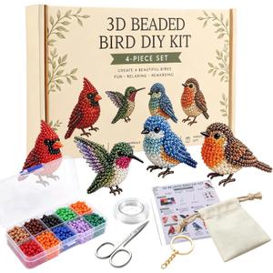 BLOWADM 4Pcs DIY 3D Animal Bead Embroidery Kit,Bird Beading Crafts with Instructions,Cute Bead Art Handmade Bird Gift for Beginners & Craft Enthusiasts