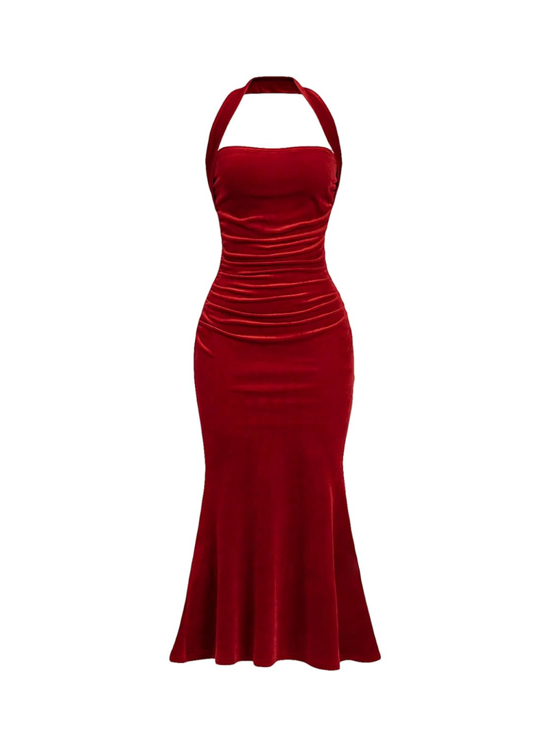 SOLY HUX Women's Velvet Halter Bodycon Dress Sleeveless Ruched Fishtail Cocktail Party Long Dresses, S