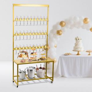 Champagne Wall Holder for Party, Champagne Tower Stand with Storage Shelf and Swivel Casters, 4-Tier Metal Champagne Flutes Display Stand Hold 40 Glasses, Suitable for Wedding, Christmas