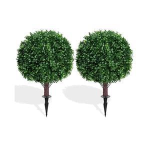Artificial Boxwood Topiary Ball Trees with Ground Spike, Set of 2 UV Resistant Artificial Shrubs, Fake Evergreen Artificial Plant Bushes for Indoor Outdoor Front Porch Garden