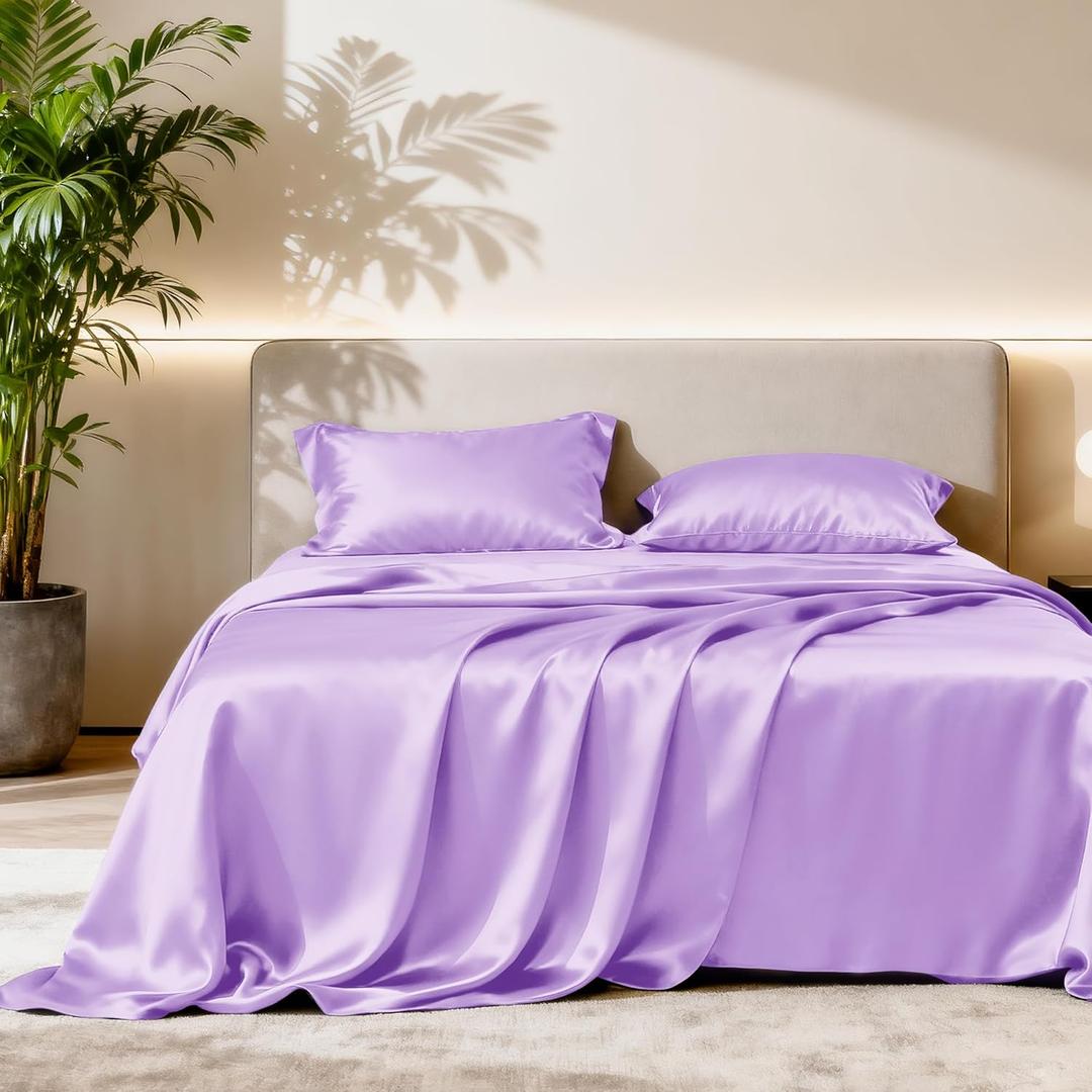 Love's Cabin Full Size Satin Sheet Sets - 4 Piece Lavender Silky Sheet Set with Deep Pocket, Luxury Silk Feel Satin Sheets Full Bedding Set (1 Flat Sheet,1 Fitted Sheet,2 Pillow Cases)