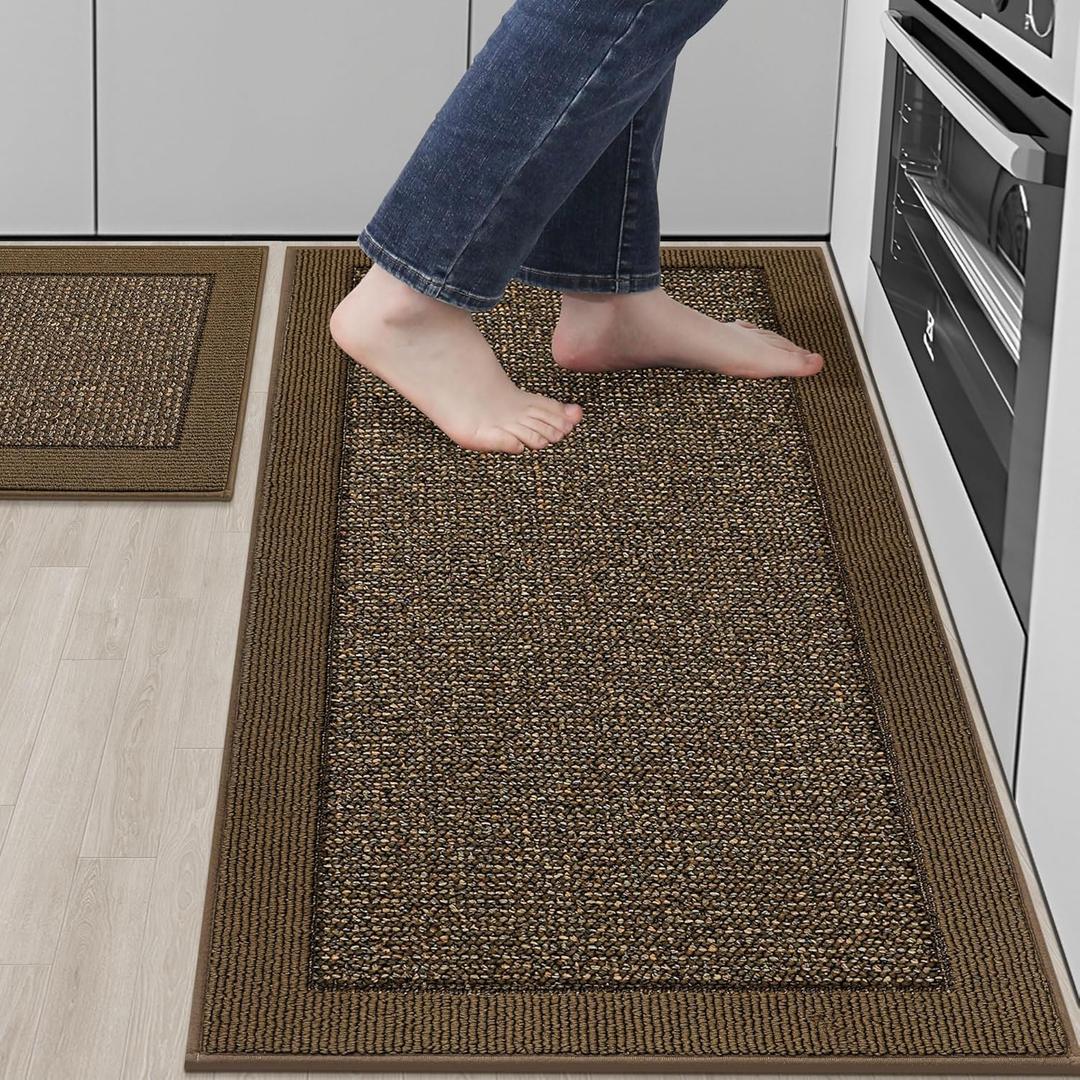 BEQHAUSE Kitchen Rugs and Mats Set of 2 Non-Slip Kitchen Mats for Floor, Absorbent and Stain Resistant Kitchen Runner, Machine Washable Rugs for Kitchen, Laundry & Sink, 20"x32"+20"x48", Brown