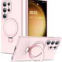 SKYLMW Compatible with Samsung Galaxy S24 Ultra Case with Magnetic Invisible Ring Stand, Compatible with Mag-Safe, Military Drop Protection Silicone S24 Ultra Phone Case for Women Men, Pink