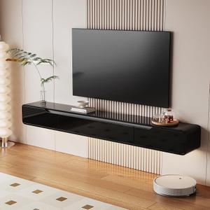 FurniNova High Gloss Floating TV Stand with 3 Doors,Black,55 Inch
