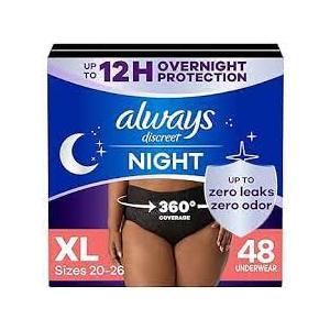 Always Discreet Adult Incontinence Overnight Underwear for Women, XL, Up to 100% Bladder Leak Protection, 48 Count (3 Packs of 16)