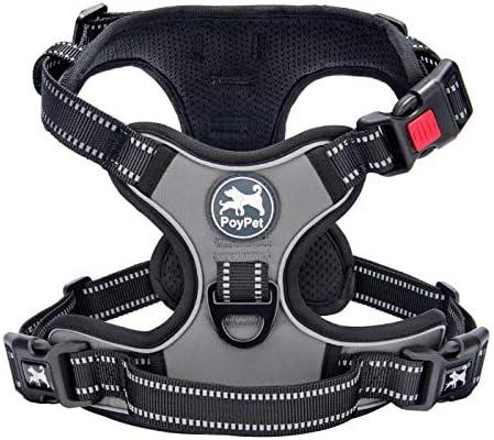 PoyPet No Pull Dog Harness, No Choke Front Clip Dog Reflective Harness, Adjustable Soft Padded Pet Vest with Easy Control Handle for (Grey,M)