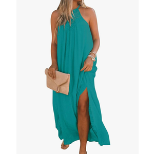 FARORO Sleeveless Long Dress for Women Boho Halter Maxi Sundress Casual Loose Dresses Split Cover Up Gown with Pockets, Large