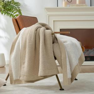 Amlie Home Reversible Waffle Weave Throw Blanket, Chenille Knit with Warm Sherpa, Soft Cozy Blanket for Couch, 50"x60", Beige
