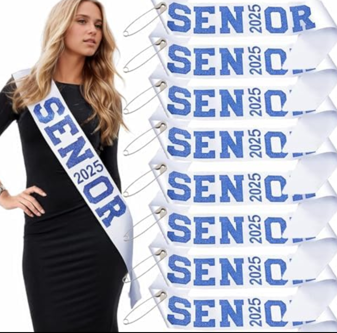 Wecrocs Senior 2025 Sashes, White with Royal Blue Glitter Letters, Graduation Party Supplie, Celebration sash 8PCS
