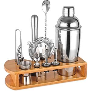 Cocktail Shaker Set Bartender Kit : 12-Piece Bar Tool Set with Bamboo Stand | Bar Set with All Practical Bar Accessories, for Drink Mixing, Bar, Home, Lounge & Party (Silver)