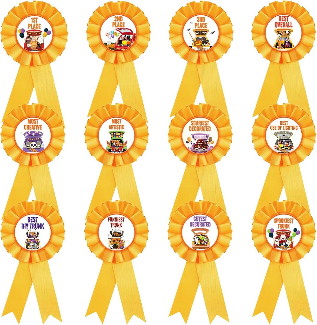 Tigeen 12 Pcs Halloween Award Ribbons Costume Contest Pumpkin Carving Trunk or Treat Prize Ribbon for Party Favors Office Classroom Decorations Winner Recognition(Trunk or Treat)