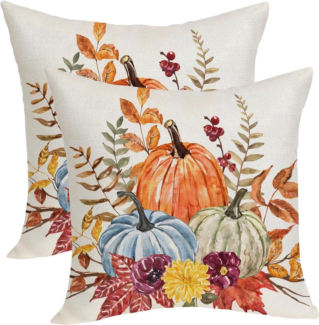 Fall Pillow Covers 16x16 Inches Pack of 2 Orange Blue Pumpkin Leaves Throw Pillow Covers, Autumn Thanksgiving Decoration Pillowcase Farmhouse Decorative Cushion Case for Home Sofa Outdoor Decor