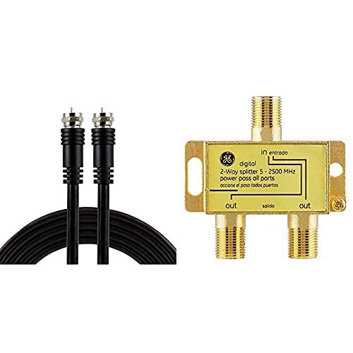 GE RG6 Coaxial Cable, 15 Ft. F-Type Connectors, Black, 33627 & Cable Splitter, 2.5 GHz 5-2500 MHz, RG6 Compatible, Works with HD TV, Satellite, High Speed Internet
