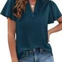 PRETTYGARDEN Women's 2026 Summer Satin Blouses Dressy Casual Ruffle Cap Sleeve V Neck Business Work Cute Tops Spring Outfits (Dark Blue)