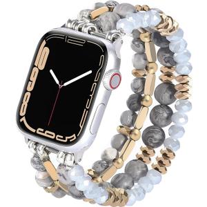 VISOOM Beaded Boho Bracelet Compatible with Apple Watch Band 42mm/44mm/45mm/46mm Series 10/SE/9/8/7/6/5/4/3/2/1 Women Handmade Crystal Stretchy Iwatch Strap (Ivory Gray)