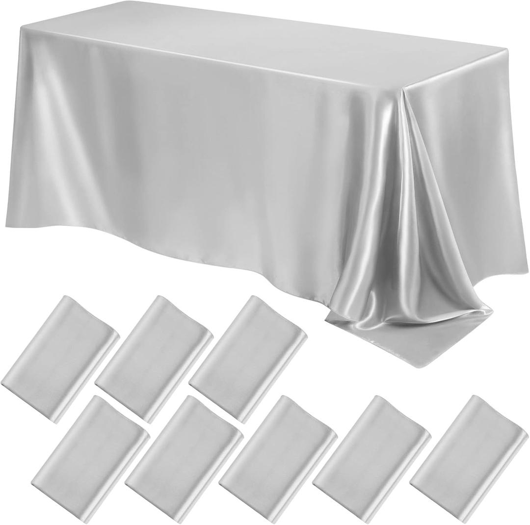 Lounsweer 8 Packs Satin Tablecloth 102 x 58 Inches Rectangle Table Cover Silk Smooth Fabric Party Table Cloth for Rectangle Parties, Holiday Dinner Wedding Banquet Decoration(Silver)