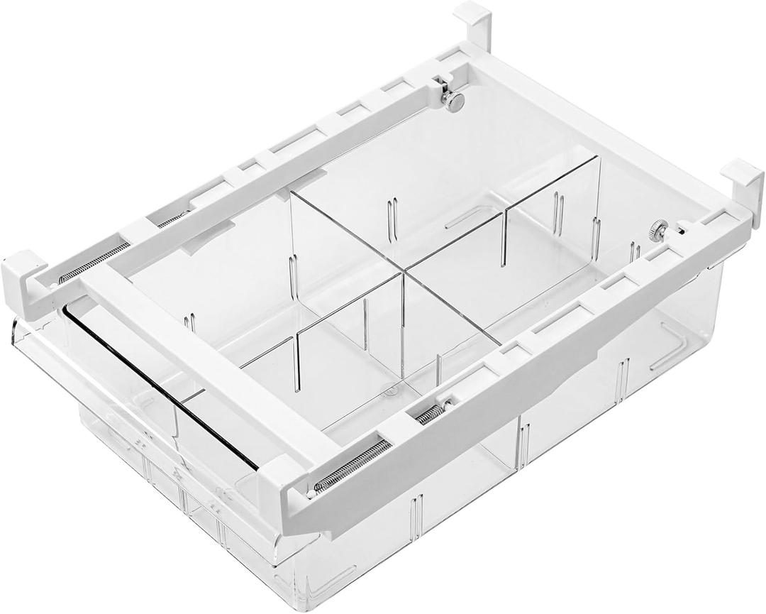 Oggi Undershelf Fridge Drawer Organizer - Easy-to-Mount Pull Out Drawer with Clear Dividers - Refrigerator Organizers and Storage for Cheese, Fruits, Vegetables, Snacks, Deli Meats & More - 12x8x3.5 (Partitioned Drawer)