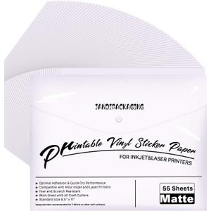 JANDJPACKAGING Printable Vinyl for Inkjet Printer - 55 Pack Matte White Printable Vinyl Sticker Paper Dries Quickly Vivid Colors, Holds Ink Well, Tear Resistant, Inkjet & Laser Printer(140 g)