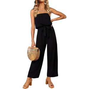 ZESICA Women's Casual Off Shoulder Solid Color Strapless Belted Wide Leg Jumpsuit Romper (Darkblack)