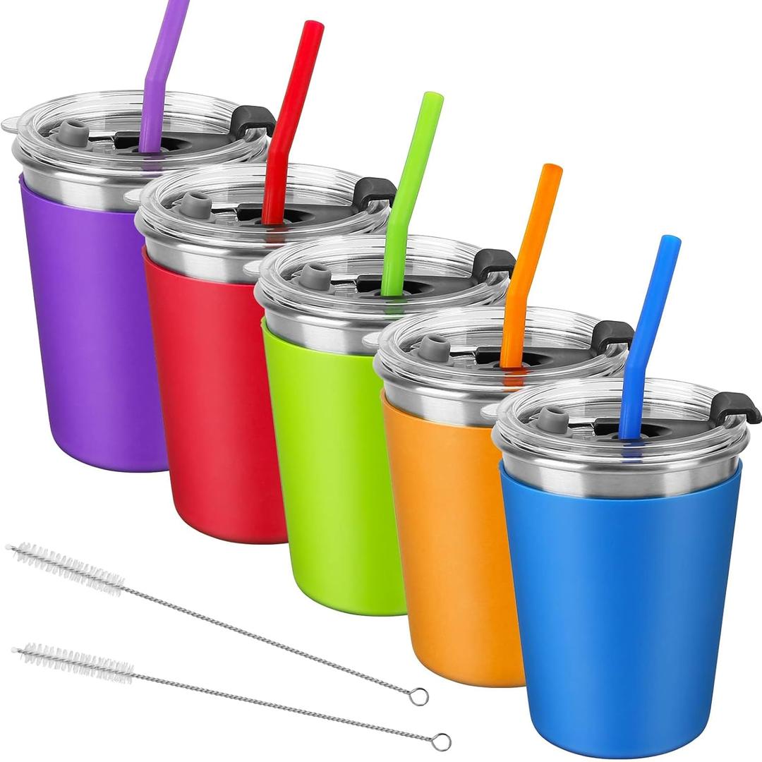 Kids Cups with Lids and Straws, 12oz Kids Tumblers with Straws and Lids Spill Proof Cups for Kid Stainless Steel Sippy Cup for School, Outdoor, 5 Pack (Blue, Green, Orange, Purple, Red)