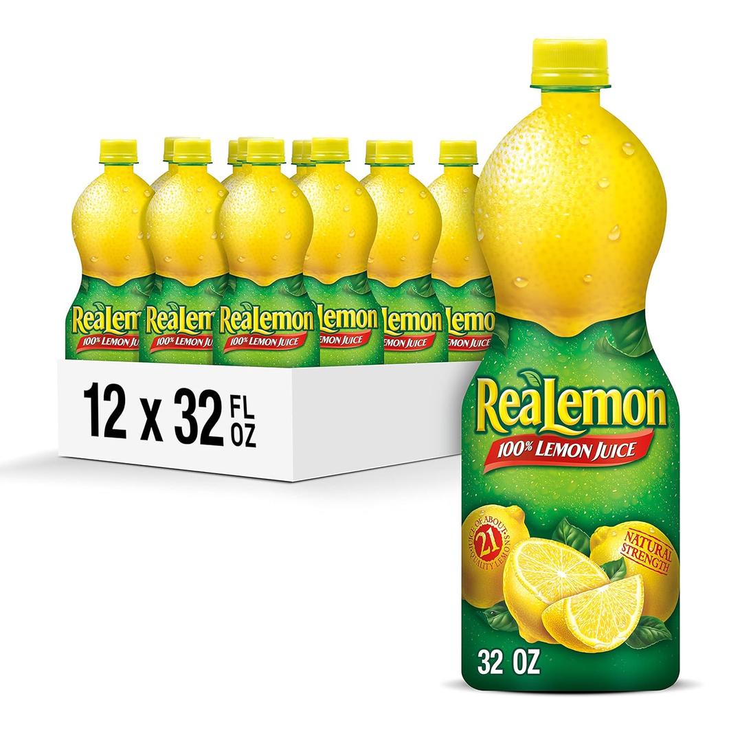ReaLemon 100% Lemon Juice, 32 fl oz bottle (Pack of 12), Made with Lemon Juice from Concentrate, Gluten-Free, Sodium Free, Perfect Mixer to add to Cocktails and Marinades, Best By: 11/14/25