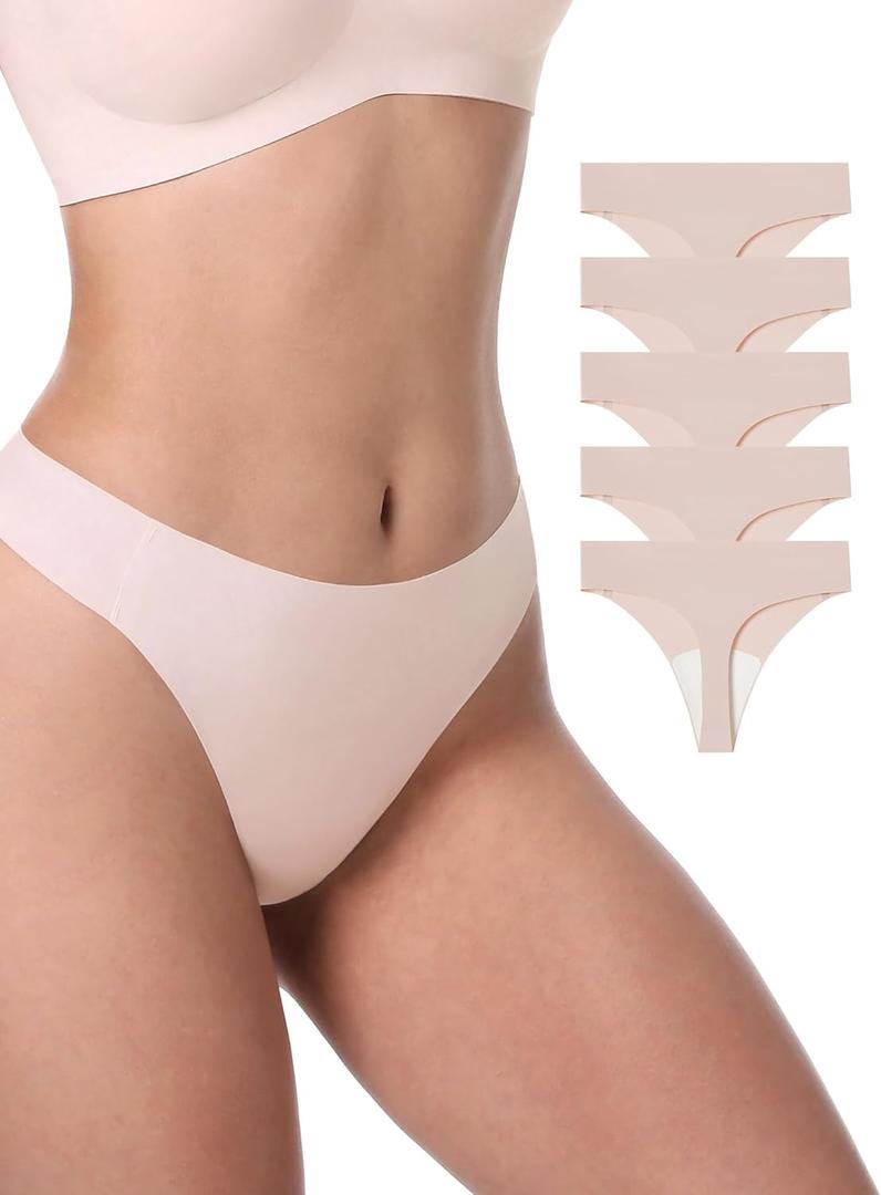 LUCKMEEY Seamless Thongs for Women No Show Thong Panties for Women No Line G-String Thongs Sexy Shapewear Underwear Pack (Medium, 5p-creme)