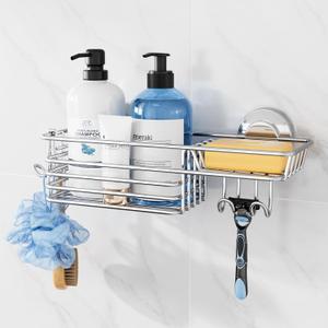TAILI Shower Caddy Suction Cup with Hooks & Soap Holder, Heavy Duty Bathroom Shower Organizers, Removable Bathroom Shelves for Inside,Stainless Steel Holder Organizer-Silver