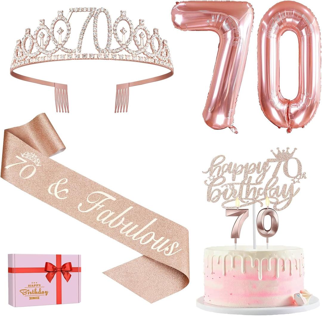 70th Birthday Decorations for Women, Including 70th Birthday Sash and Tiara, Cake Topper and Candles, Number Balloons, 70 Year Old Gifts Women