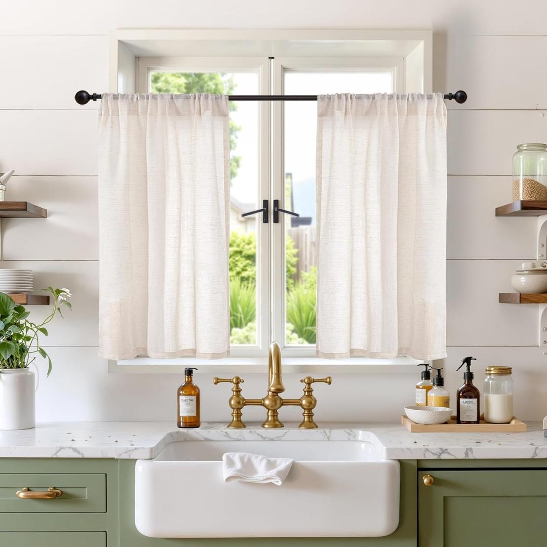 BGment Oatmeal Linen Semi Sheer Curtains 36 Inch Length for Short Kitchen Window - Small Drapes Half Window Light Filtering with Rod Pocket for Cafe Bathroom, 2 Panels Set, 30 X 36 Inch