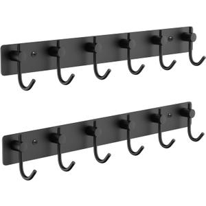 VAEHOLD Wall Hooks for Hanging, Black Coat Rack Wall Mount with 6 Coat Hooks, Towel Hanger, Hat Hooks, Robes Hook in Bathroom, Bedroom, Kitchen, Living Room (2 Pack)