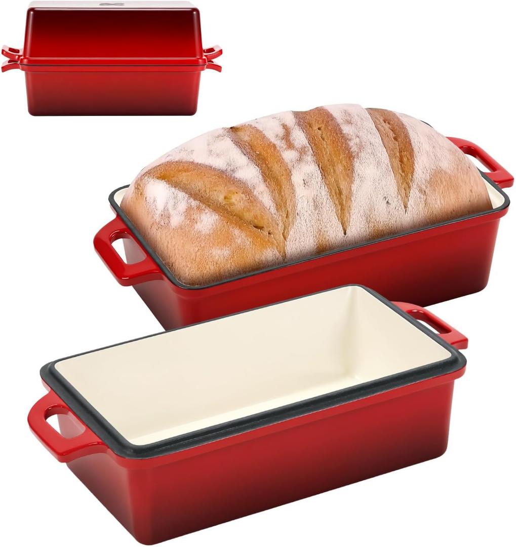 Northriver Casting 9x5 Inch Enameled Cast Iron Bread Loaf Pan with Lid, Perfect Sourdough Baking Pans | Even Heat Distribution for Homemade Bread, Cake, Meatloaf2 Piece setRed